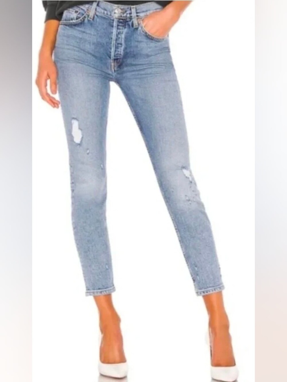 Re/Done Originals High Rise Ankle Crop Stretch Jean Distressed Button Fly 25